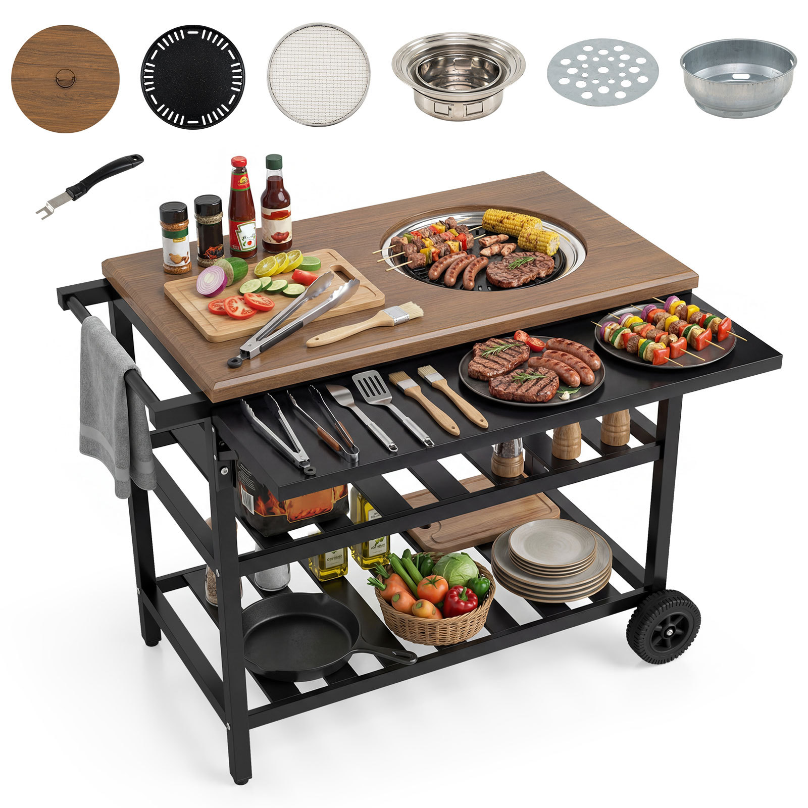 Carrello-per-barbecue-con-forno-smontabile-griglie-e-teglie-in-metallo-mediaId105131659-1781764433.jpg Costway Carrello per barbecue con forno smontabile griglie e teglie in metallo, Carrello cucina da esterno carrellino con ruote - immagine 1