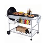 Costway Carrello per barbecue da esterno con ampio piano ripiano a rete porta spezie portarotolo, Carrello da cucina per barbecue 18-22 pollici - immagine 4
