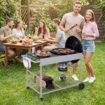 Costway Carrello per barbecue da esterno con ampio piano ripiano a rete porta spezie portarotolo, Carrello da cucina per barbecue 18-22 pollici - immagine 3