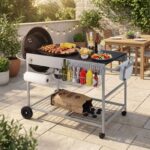 Costway Carrello per barbecue da esterno con ampio piano ripiano a rete porta spezie portarotolo, Carrello da cucina per barbecue 18-22 pollici - immagine 2