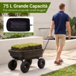 Costway Carriola da giardino con 4 ruote pneumatiche manico regolabile e impugnatura morbida, 75 L Carrello ribaltabile portata 300 kg - immagine 6