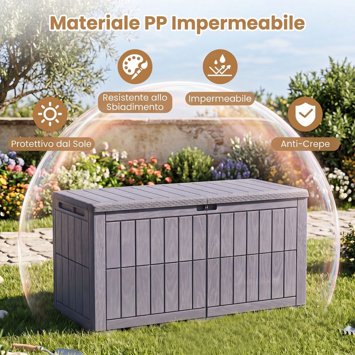 Costway Cassapanca contenitore con coperchio e foro della serratura, Contenitore da esterno in pp resistente alle intemperie Grigio chiaro - immagine 9