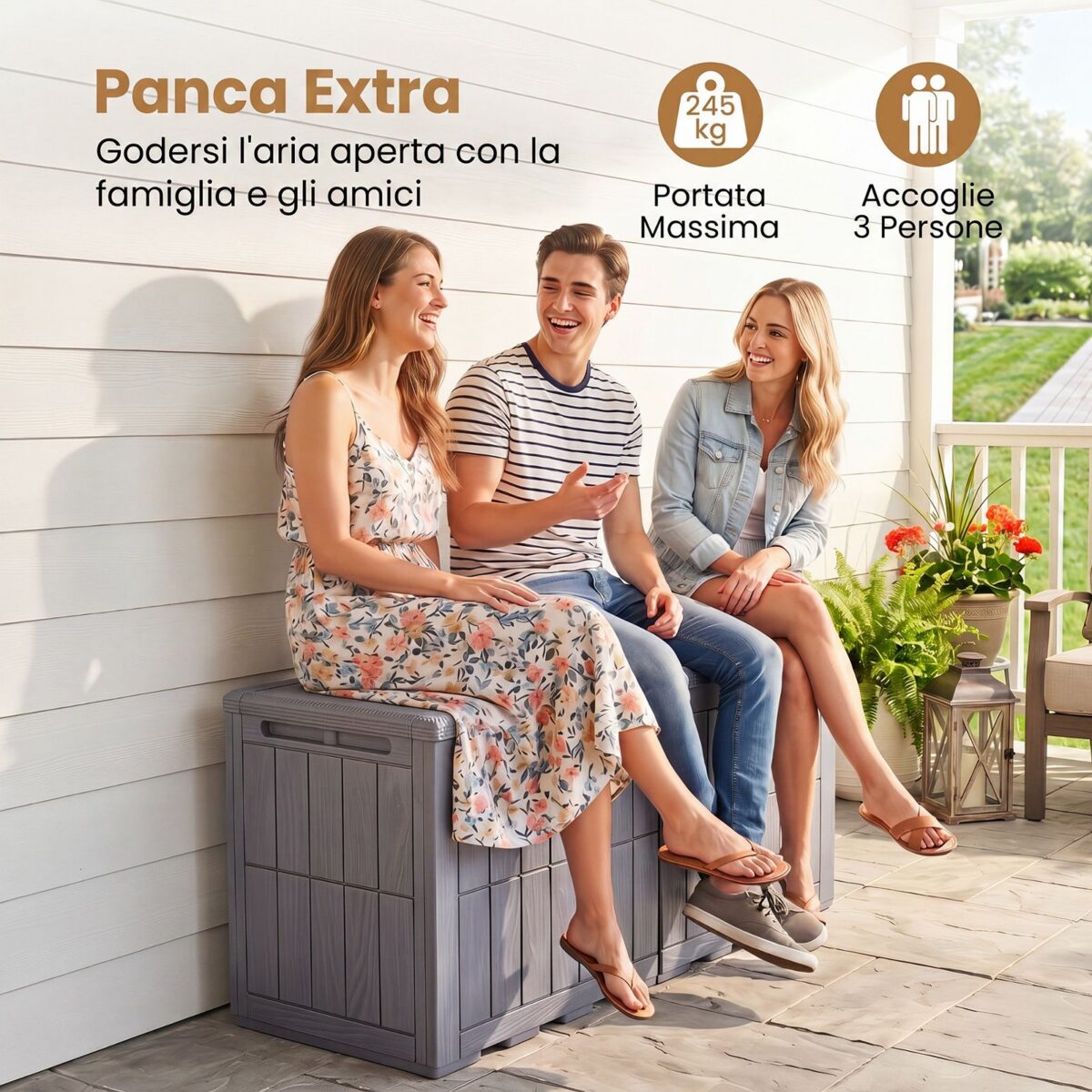 Costway Cassapanca contenitore con coperchio e foro della serratura, Contenitore da esterno in pp resistente alle intemperie Grigio chiaro - immagine 8