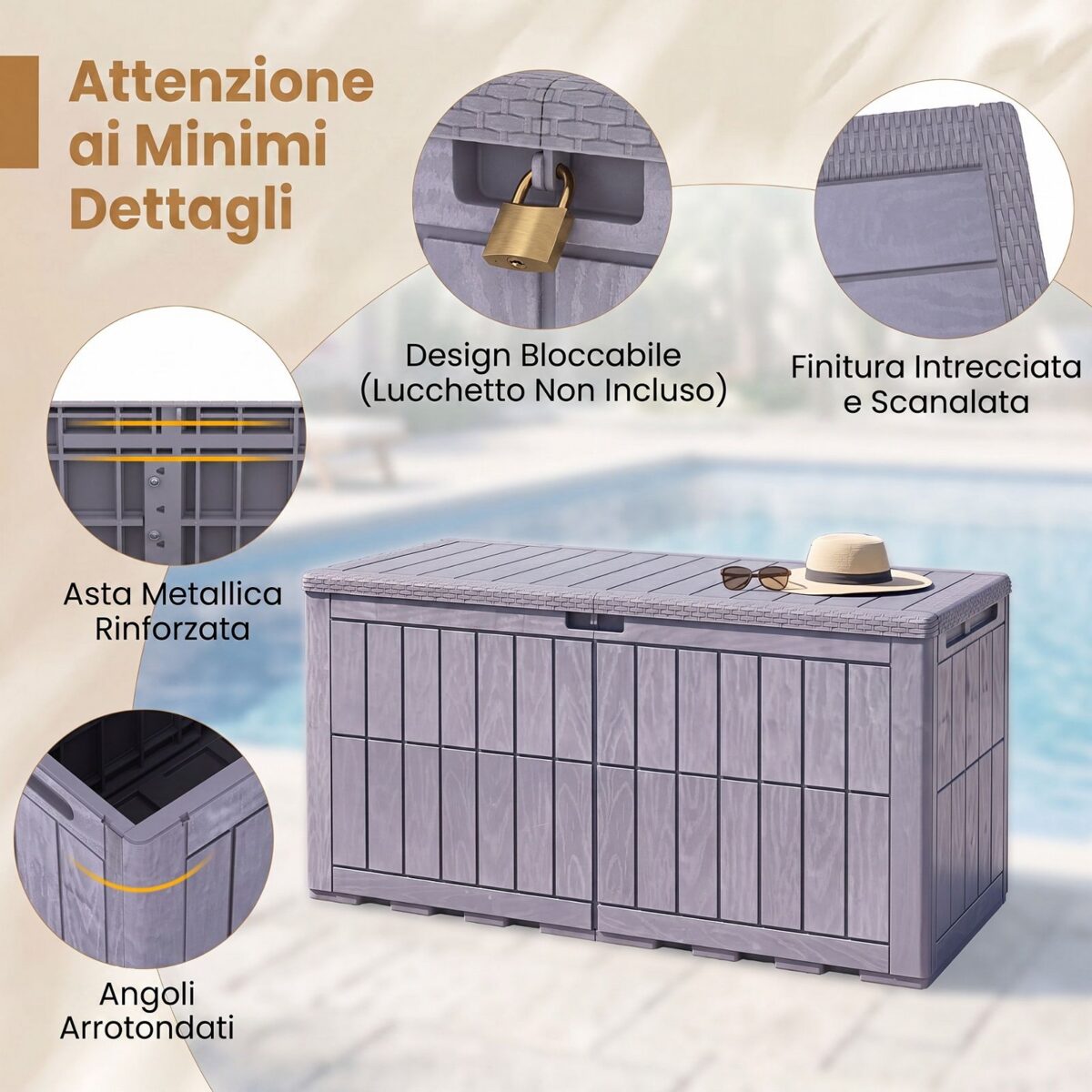 Costway Cassapanca contenitore con coperchio e foro della serratura, Contenitore da esterno in pp resistente alle intemperie Grigio chiaro - immagine 11