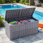 Costway Cassapanca contenitore con coperchio e foro della serratura, Contenitore da esterno in pp resistente alle intemperie Grigio chiaro - immagine 2