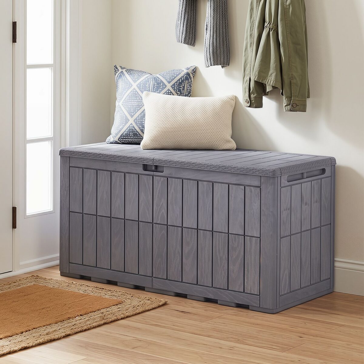 Costway Cassapanca contenitore con coperchio e foro della serratura, Contenitore da esterno in pp resistente alle intemperie Grigio chiaro - immagine 3
