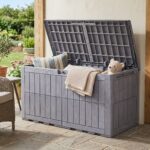 Costway Cassapanca contenitore con coperchio e foro della serratura, Contenitore da esterno in pp resistente alle intemperie Grigio chiaro - immagine 4