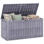 Costway Cassapanca contenitore con coperchio e foro della serratura, Contenitore da esterno in pp resistente alle intemperie Grigio chiaro - immagine 6