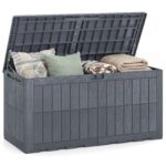 Costway Cassapanca contenitore con coperchio e foro della serratura, Contenitore da esterno in pp resistente alle intemperie Grigio - immagine 5