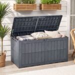 Costway Cassapanca contenitore con coperchio e foro della serratura, Contenitore da esterno in pp resistente alle intemperie Grigio - immagine 4