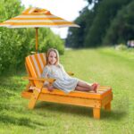 Costway Chaise longue da esterno con parasole rimovibile per bambini, Sedia portatile di legno per esterno 2 Pezzi - immagine 2