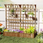 Costway Contenitore per piante in legno con traliccio e fori di drenaggio, Letto da giardino elevato per piante rampicanti e fiori 180 cm Marrone - immagine 3