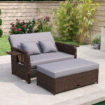 Costway Divano letto in rattan per patio con schienale regolabile e tavolini laterali pieghevoli, Set 2 pezzi con divanetto e pouf contenitore per giardino e piscina - immagine 2