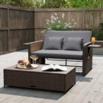 Costway Divano letto in rattan per patio con schienale regolabile e tavolini laterali pieghevoli, Set 2 pezzi con divanetto e pouf contenitore per giardino e piscina - immagine 3