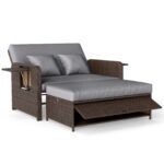 Costway Divano letto in rattan per patio con schienale regolabile e tavolini laterali pieghevoli, Set 2 pezzi con divanetto e pouf contenitore per giardino e piscina - immagine 5