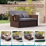 Costway Divano letto in rattan per patio con schienale regolabile e tavolini laterali pieghevoli, Set 2 pezzi con divanetto e pouf contenitore per giardino e piscina - immagine 7