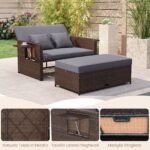 Costway Divano letto in rattan per patio con schienale regolabile e tavolini laterali pieghevoli, Set 2 pezzi con divanetto e pouf contenitore per giardino e piscina - immagine 8
