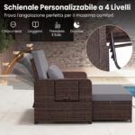 Costway Divano letto in rattan per patio con schienale regolabile e tavolini laterali pieghevoli, Set 2 pezzi con divanetto e pouf contenitore per giardino e piscina - immagine 9