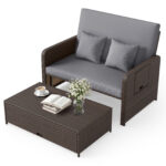 Costway Divano letto in rattan per patio con schienale regolabile e tavolini laterali pieghevoli, Set 2 pezzi con divanetto e pouf contenitore per giardino e piscina