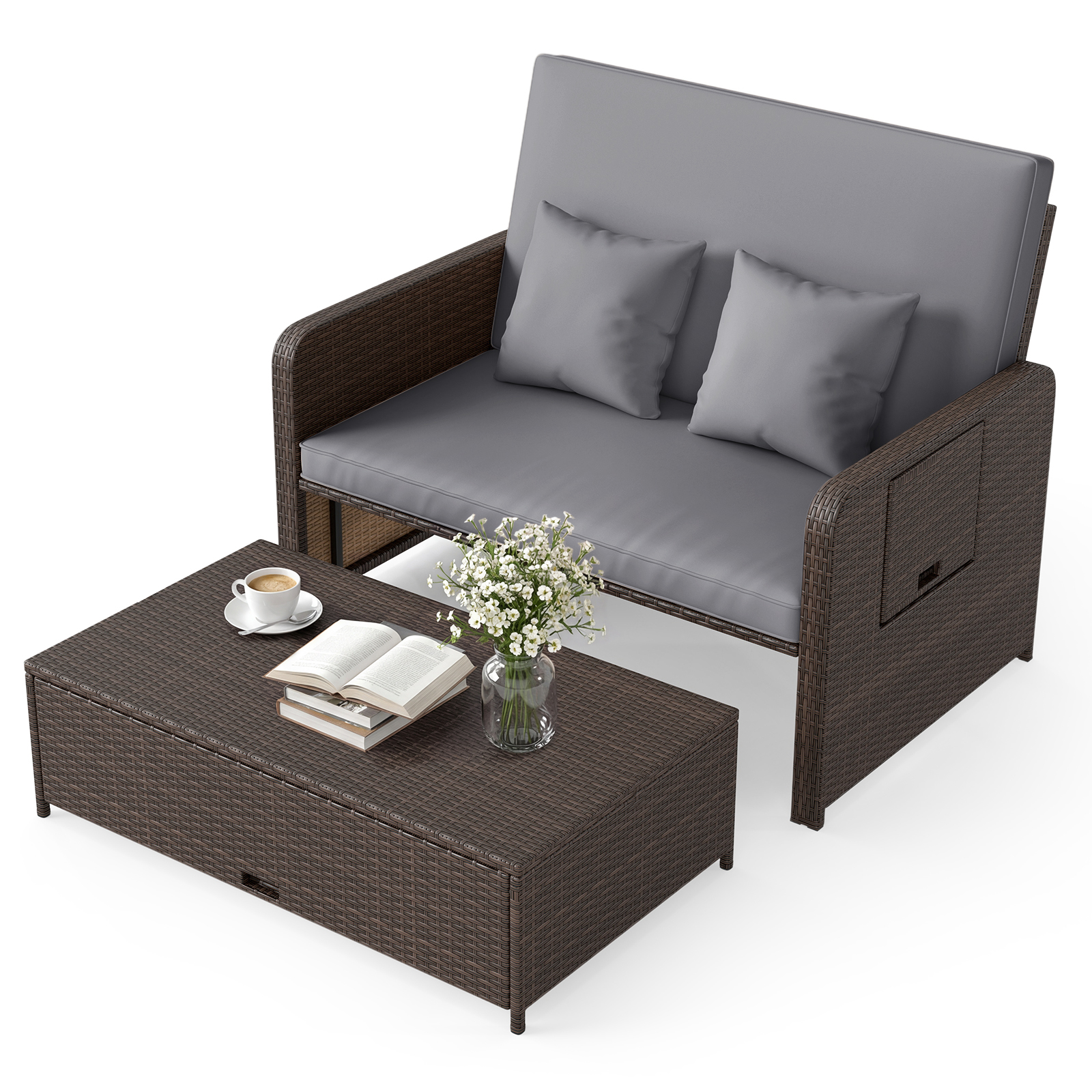 Divano-letto-in-rattan-per-patio-con-schienale-regolabile-e-tavolini-laterali-pieghevoli-mediaId103578548-1772263727.jpg Costway Divano letto in rattan per patio con schienale regolabile e tavolini laterali pieghevoli, Set 2 pezzi con divanetto e pouf contenitore per giardino e piscina - immagine 1