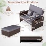 Costway Divano letto in rattan per patio con schienale regolabile e tavolini laterali pieghevoli, Set 2 pezzi con divanetto e pouf contenitore per giardino e piscina - immagine 6