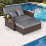 Costway Divano letto in rattan per patio con schienale regolabile e tavolini laterali pieghevoli, Set 2 pezzi con divanetto e pouf contenitore per giardino e piscina - immagine 4
