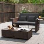 Costway Divano letto in rattan per patio con schienale regolabile e tavolini laterali pieghevoli, Set 2 pezzi con divanetto e pouf per giardino e piscina Nero - immagine 2