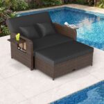 Costway Divano letto in rattan per patio con schienale regolabile e tavolini laterali pieghevoli, Set 2 pezzi con divanetto e pouf per giardino e piscina Nero - immagine 3