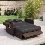 Costway Divano letto in rattan per patio con schienale regolabile e tavolini laterali pieghevoli, Set 2 pezzi con divanetto e pouf per giardino e piscina Nero - immagine 4