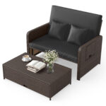 Costway Divano letto in rattan per patio con schienale regolabile e tavolini laterali pieghevoli, Set 2 pezzi con divanetto e pouf per giardino e piscina Nero