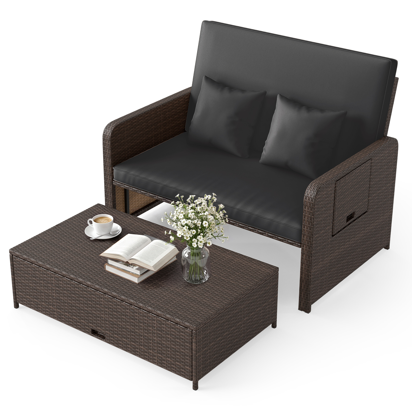 Divano-letto-in-rattan-per-patio-con-schienale-regolabile-e-tavolini-laterali-pieghevoli-mediaId103786042-1773974151.jpg Costway Divano letto in rattan per patio con schienale regolabile e tavolini laterali pieghevoli, Set 2 pezzi con divanetto e pouf per giardino e piscina Nero - immagine 1