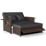 Costway Divano letto in rattan per patio con schienale regolabile e tavolini laterali pieghevoli, Set 2 pezzi con divanetto e pouf per giardino e piscina Nero - immagine 5