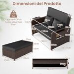 Costway Divano letto in rattan per patio con schienale regolabile e tavolini laterali pieghevoli, Set 2 pezzi con divanetto e pouf per giardino e piscina Nero - immagine 6