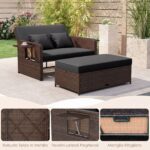 Costway Divano letto in rattan per patio con schienale regolabile e tavolini laterali pieghevoli, Set 2 pezzi con divanetto e pouf per giardino e piscina Nero - immagine 10