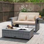Costway Divano letto in rattan per patio con schienale regolabile e tavolini pieghevoli, Set 2 pezzi con divanetto e pouf per giardino e piscina Beige - immagine 2