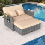 Costway Divano letto in rattan per patio con schienale regolabile e tavolini pieghevoli, Set 2 pezzi con divanetto e pouf per giardino e piscina Beige - immagine 3