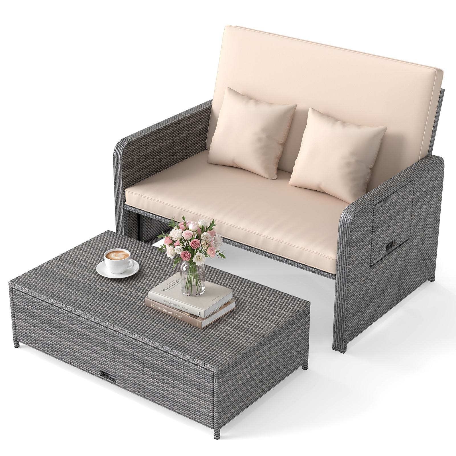 Divano-letto-in-rattan-per-patio-con-schienale-regolabile-e-tavolini-pieghevoli-mediaId103785465-1773911582.jpg Costway Divano letto in rattan per patio con schienale regolabile e tavolini pieghevoli, Set 2 pezzi con divanetto e pouf per giardino e piscina Beige - immagine 1