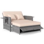 Costway Divano letto in rattan per patio con schienale regolabile e tavolini pieghevoli, Set 2 pezzi con divanetto e pouf per giardino e piscina Beige - immagine 4