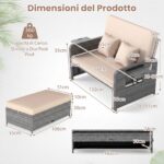 Costway Divano letto in rattan per patio con schienale regolabile e tavolini pieghevoli, Set 2 pezzi con divanetto e pouf per giardino e piscina Beige - immagine 5