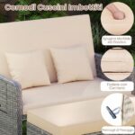 Costway Divano letto in rattan per patio con schienale regolabile e tavolini pieghevoli, Set 2 pezzi con divanetto e pouf per giardino e piscina Beige - immagine 6