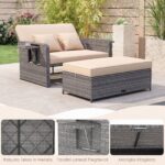 Costway Divano letto in rattan per patio con schienale regolabile e tavolini pieghevoli, Set 2 pezzi con divanetto e pouf per giardino e piscina Beige - immagine 8