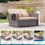 Costway Divano letto in rattan per patio con schienale regolabile e tavolini pieghevoli, Set 2 pezzi con divanetto e pouf per giardino e piscina Beige - immagine 10