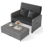 Costway Divano letto in rattan per patio con schienale regolabile e tavolini pieghevoli, Set 2 pezzi con divanetto e pouf per giardino e piscina Nero