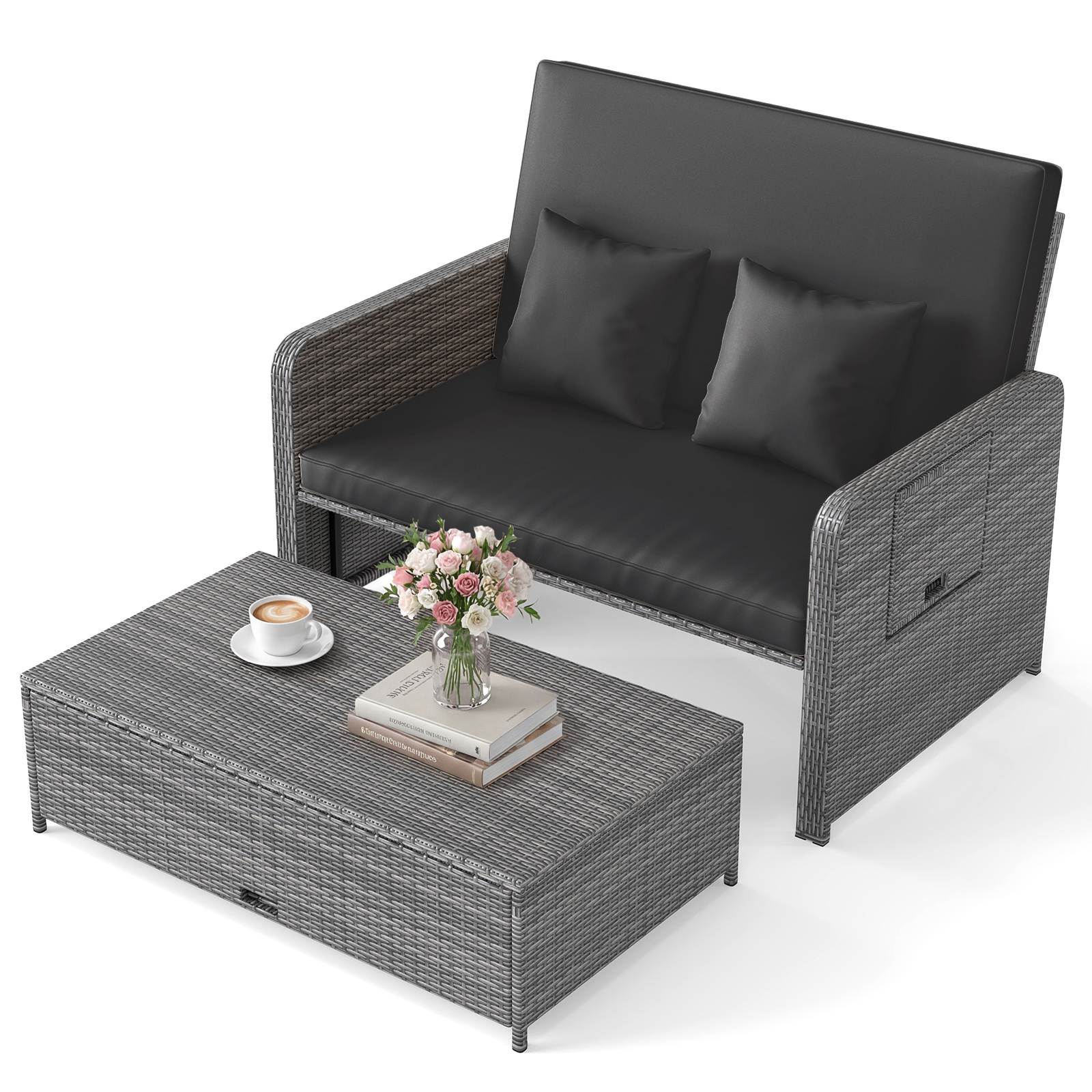 Divano-letto-in-rattan-per-patio-con-schienale-regolabile-e-tavolini-pieghevoli-mediaId104249991-1778232738.jpg Costway Divano letto in rattan per patio con schienale regolabile e tavolini pieghevoli, Set 2 pezzi con divanetto e pouf per giardino e piscina Nero - immagine 1