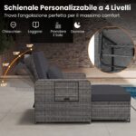Costway Divano letto in rattan per patio con schienale regolabile e tavolini pieghevoli, Set 2 pezzi con divanetto e pouf per giardino e piscina Nero - immagine 9