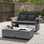 Costway Divano letto in rattan per patio con schienale regolabile e tavolini pieghevoli, Set 2 pezzi con divanetto e pouf per giardino e piscina Nero - immagine 2