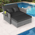 Costway Divano letto in rattan per patio con schienale regolabile e tavolini pieghevoli, Set 2 pezzi con divanetto e pouf per giardino e piscina Nero - immagine 3