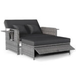 Costway Divano letto in rattan per patio con schienale regolabile e tavolini pieghevoli, Set 2 pezzi con divanetto e pouf per giardino e piscina Nero - immagine 4