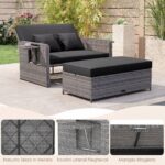 Costway Divano letto in rattan per patio con schienale regolabile e tavolini pieghevoli, Set 2 pezzi con divanetto e pouf per giardino e piscina Nero - immagine 8