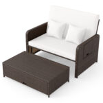 Costway Divano letto in rattan per patio set 2 pezzi con pouf contenitore tavolini laterali pieghevoli, Divanetto per giardino & piscina Bianco - immagine 4